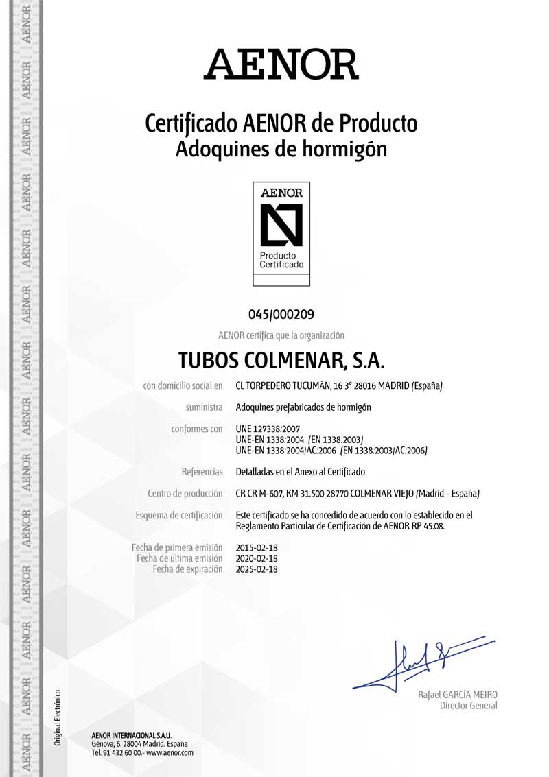 certificado AENOR de producto Adoquines de Hormigon de Tubos colmenar